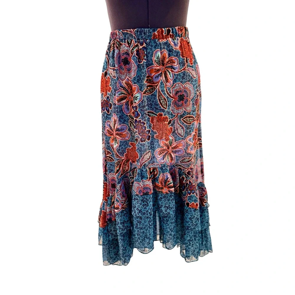 NWT MISA Los Angeles Esti Floral High-Low Midi‎ Skirt Ruffle Trim Cerulean Sz XS